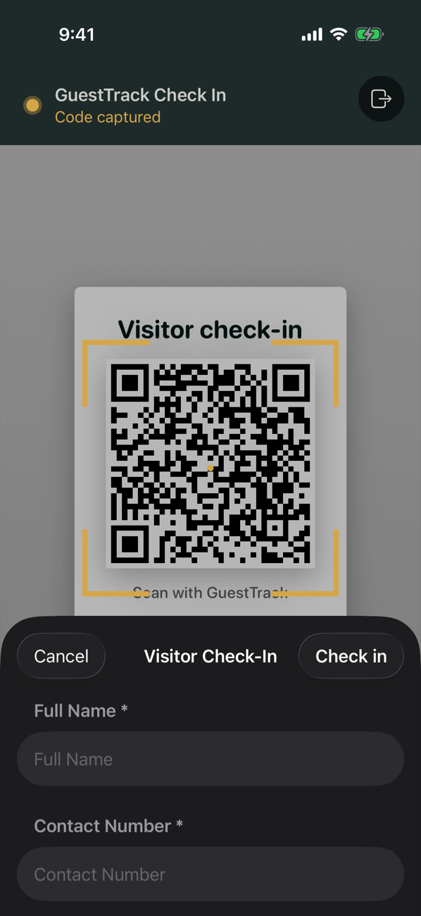 The check-in form shown in the app after the code is scanned