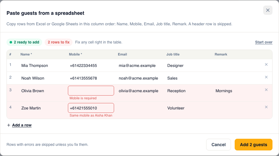 Import guests from a spreadsheet