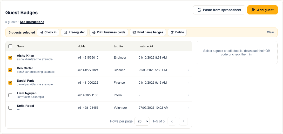 Selected guests with bulk actions